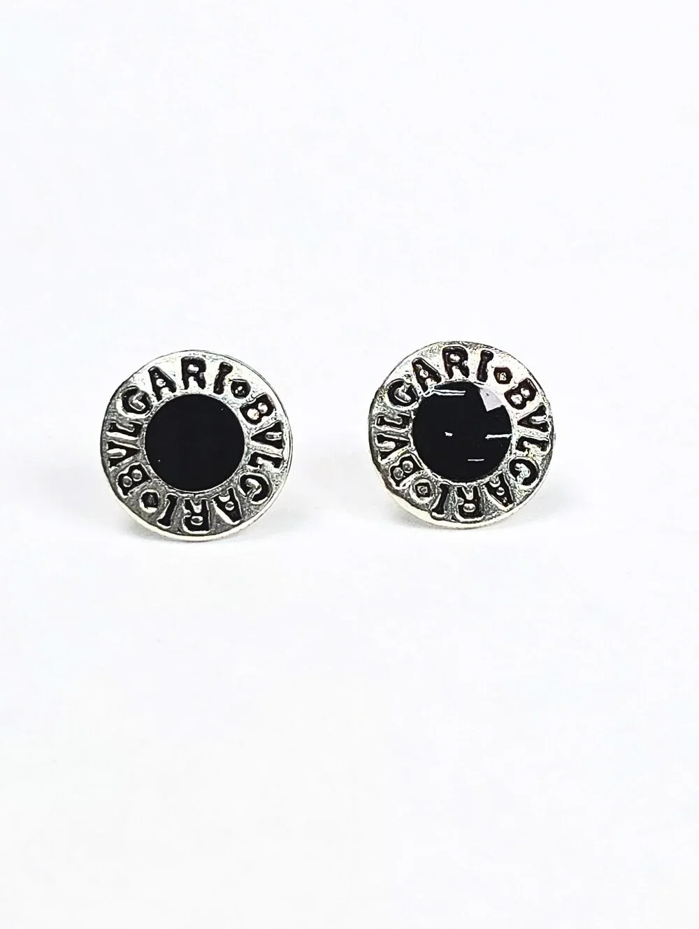 Bvlgari Inspired Black Enamel Stud Earrings 925 Sterling Silver 10mm - Picture 3 of 8